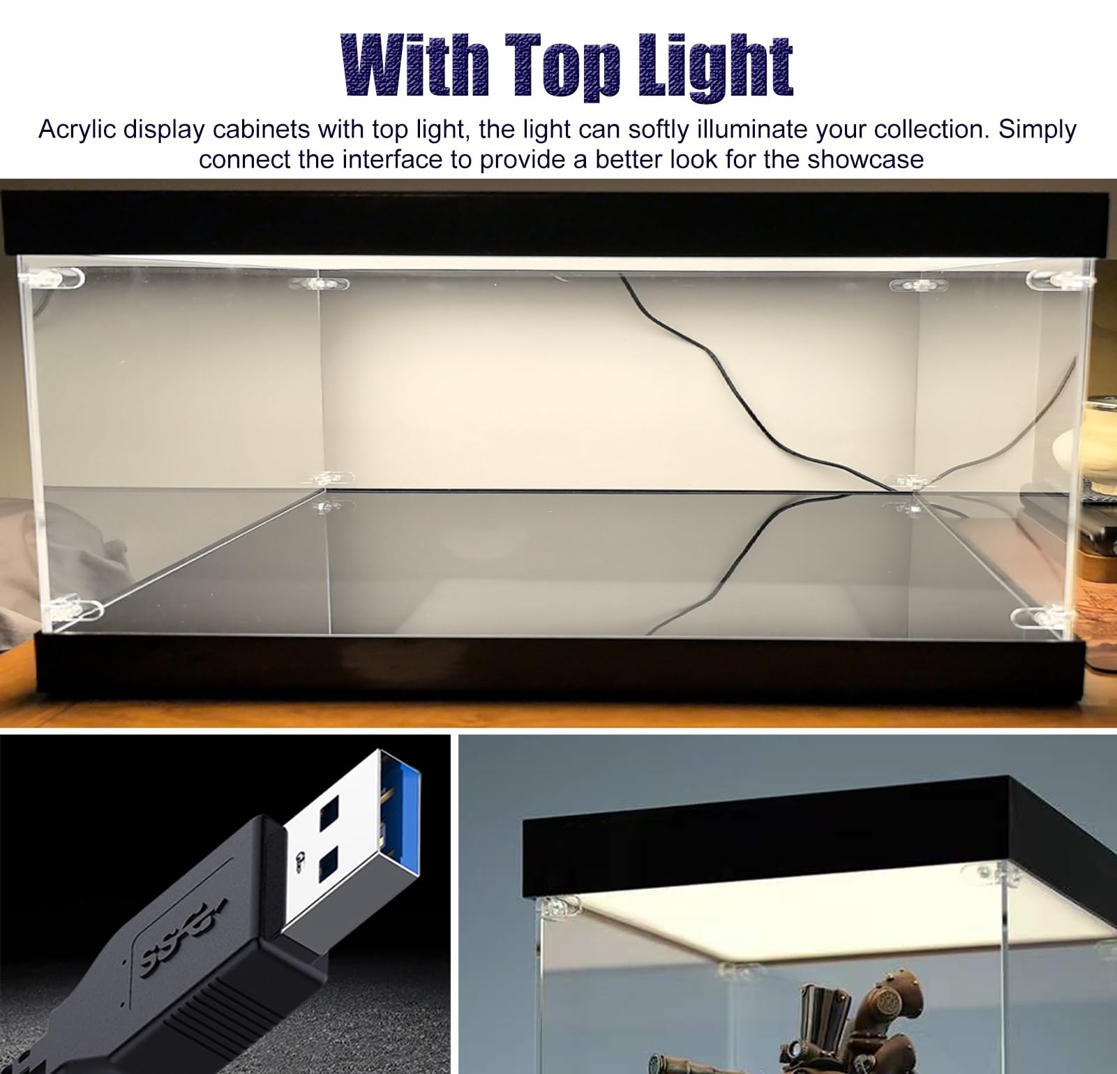Teca Plexiglass Vetrina Espositiva in Acrilico con Luce a LED, Media, Vetrina Trasparente Alta 10, 15, 20, 25, 30, 35, 40, 50, 60cm, Scatole Espositive Visibili per Trofei/ Oggetti da Collezione(L20xW