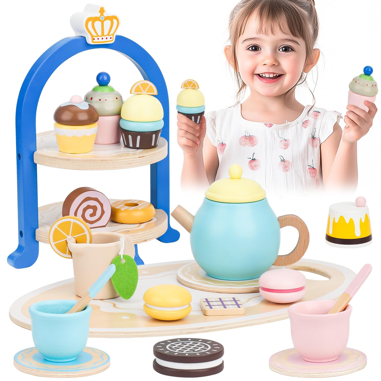 Wooden Tea Sets for Toddlers 3-5, Princess Tea Party Set for Little Girls with Cupcake Stand and Food Accessories, Pretend Play Educational Toys for 3