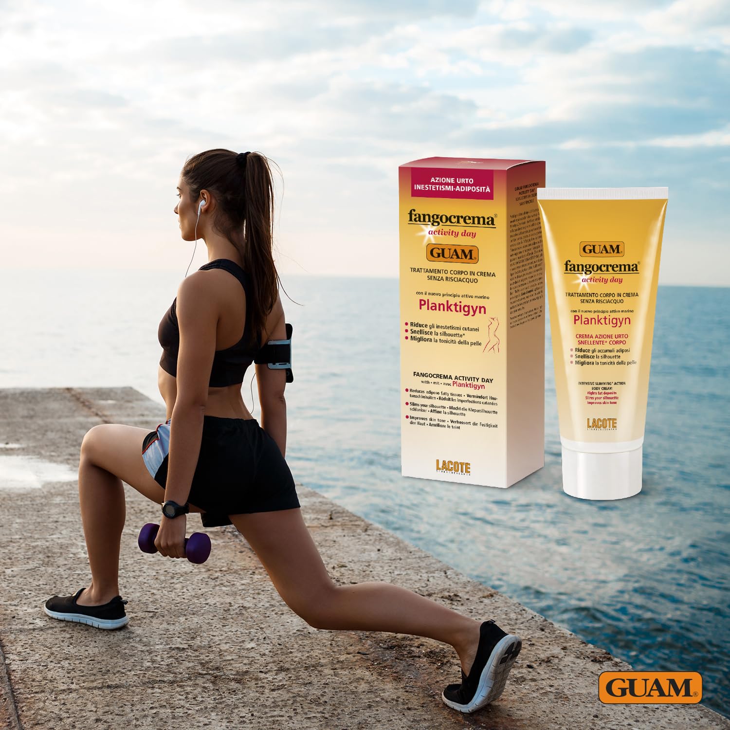 Guam, Fangocrema Activity Day, Körperbehandlung in Creme ohne Ausspülen mit Stoßwirkung gegen Unebenheiten und Fettdepots, mit marinem Wirkstoff Planktigym, 200 ml Packung