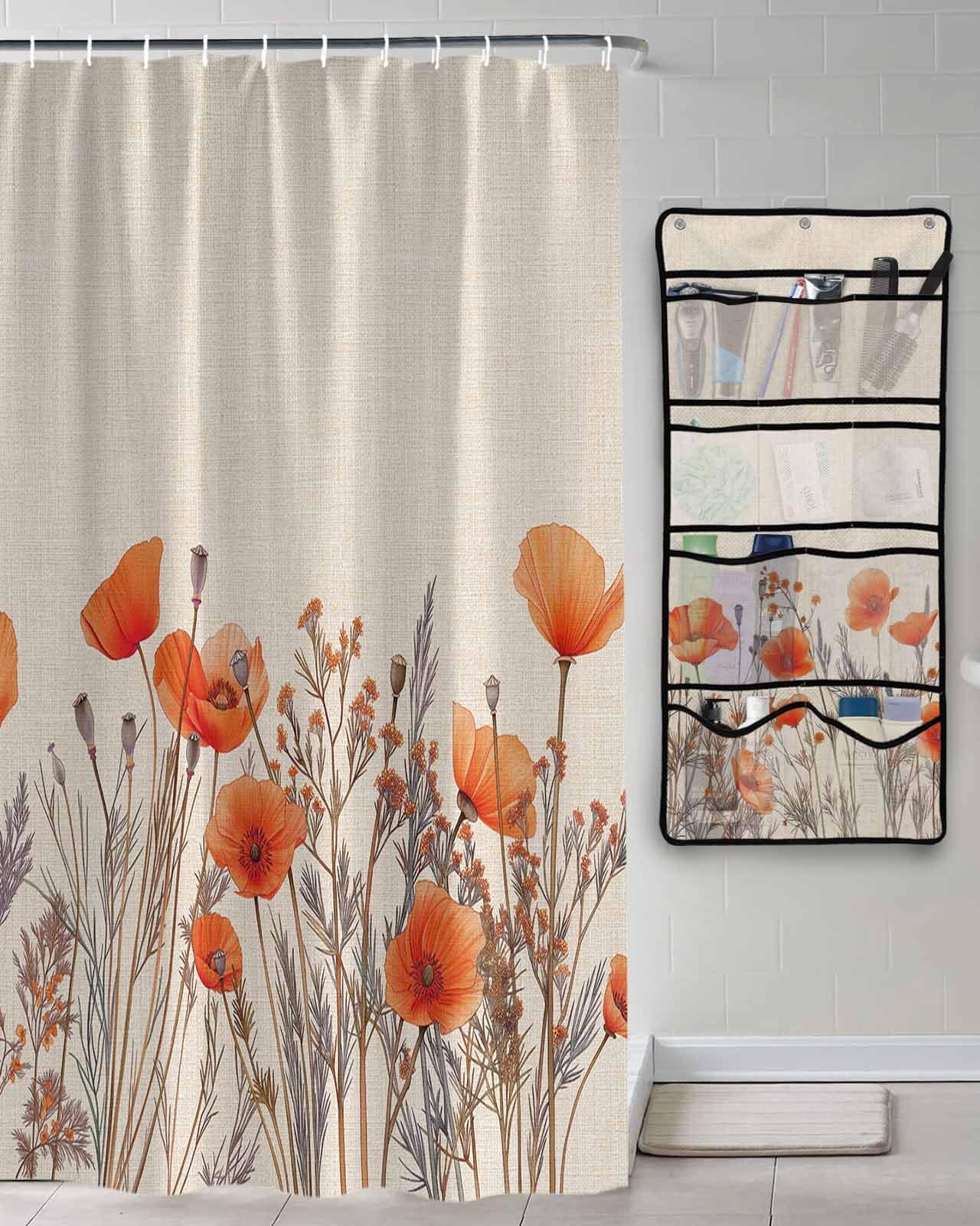 EZON-CH Shower Curtains for Bath Shower Organizer Set, Orange Watercolor Poppy Flower Linen Pattern Waterproof Shower Curtain, 10 Pockets Mesh Wall