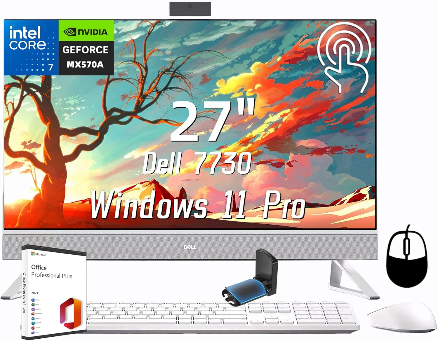 Dell Inspiron 7730 All in One Desktop PC, 27" Touch Screen, Core 7-150U, 64 GB RAM, 1 TB SSD, NVIDIA GeForce MX570A, with Office Pro Lifetime License, Win 11 Pro, KB & Mouse Set, Headphone Stand