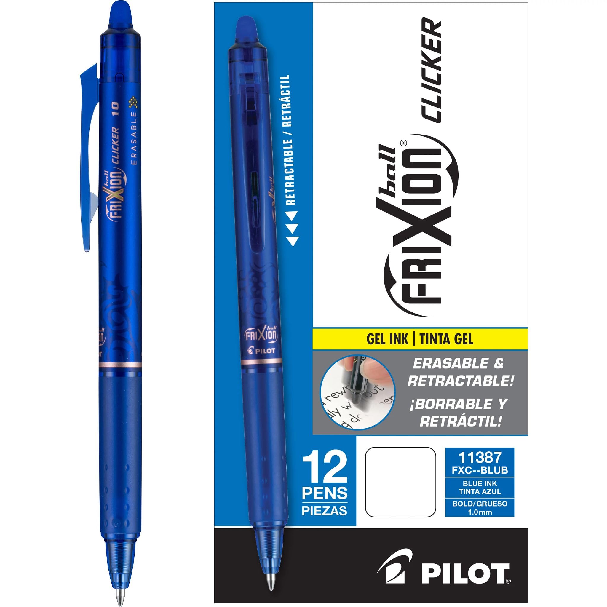 PILOTFriXion Clicker Erasable Gel Pens, Bold Point (1.0mm), Blue Ink, 12-Pack - Refillable, Smooth Writing Pens for School, Journaling, and Office Use