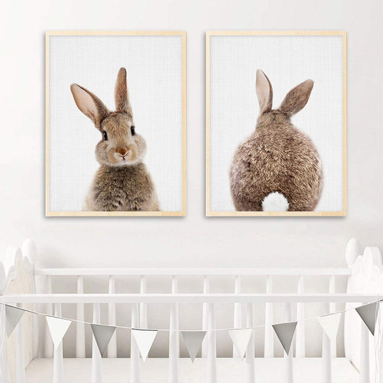 Conejito cola de conejo arte de la pared cartel de animales del bosque pintura en lienzo impresión infantil imagen para niños decoración de la habitación del bebé 30x45cm (12x18 pulgadas) x2 con marco