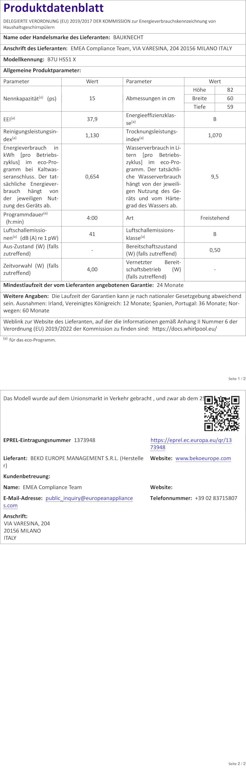 Bauknecht B7U HS51 X Unterbau-Geschirrspüler/60 CM/15 Maßgedecke/PowerClean Pro-Effektive Hochdruckdüsen/Natural Dry-Automatische Türoffnung-Bessere Trocknung/MaxiSpace-Mehr Innenraum