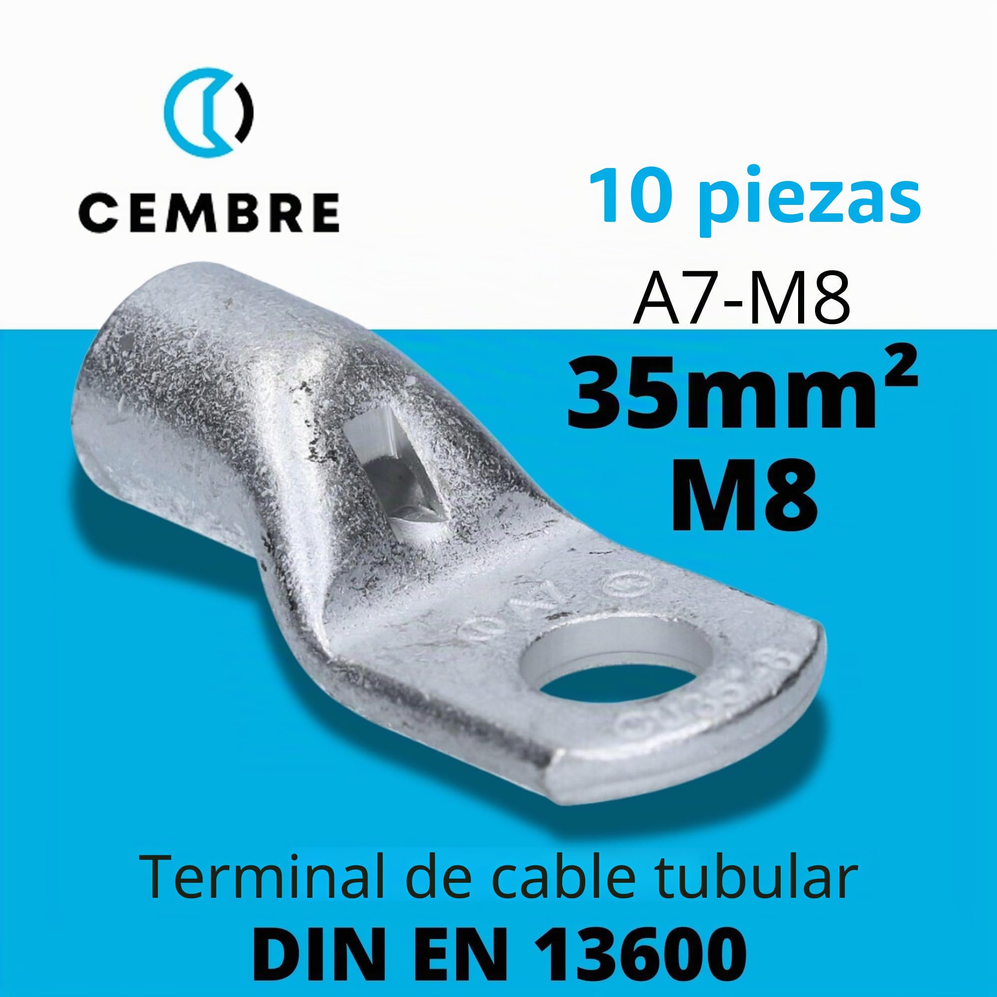 Cembre A7-M8-10 Terminales de Cable de Cobre Estañado 35 mm² M8 | Conectores de crimpado sin aislamiento para instalaciones eléctricas en coches y hogar con orificio de inspección visual