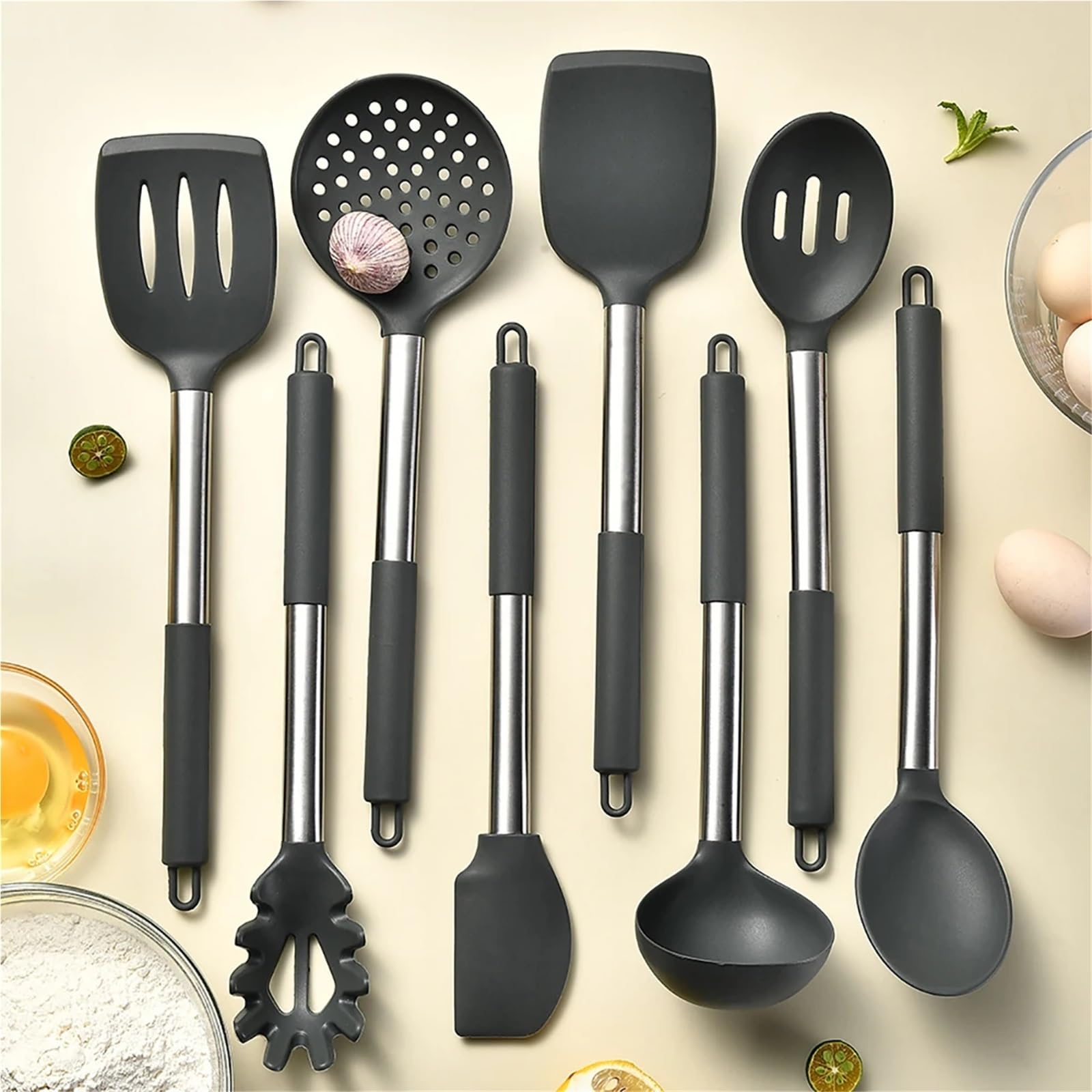Silikon Küchenhelfer Set 2/4/6/8-teiliges Silikon-Küchengeschirr-Set, Edelstahl, Handschaufel, Suppenlöffel, Spaghetti-Klaue, Kochen(8pcs black)
