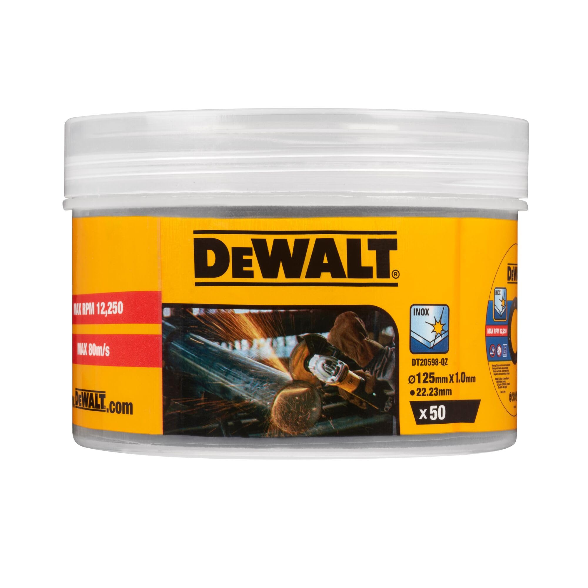 DEWALT DT20598-QZ - Disco de corte de acero inoxidable, ø 125 mm x 1,0 mm, Cortes rápidos y limpios, Para amoladoras angulares, Incluye 50 piezas en un cubo