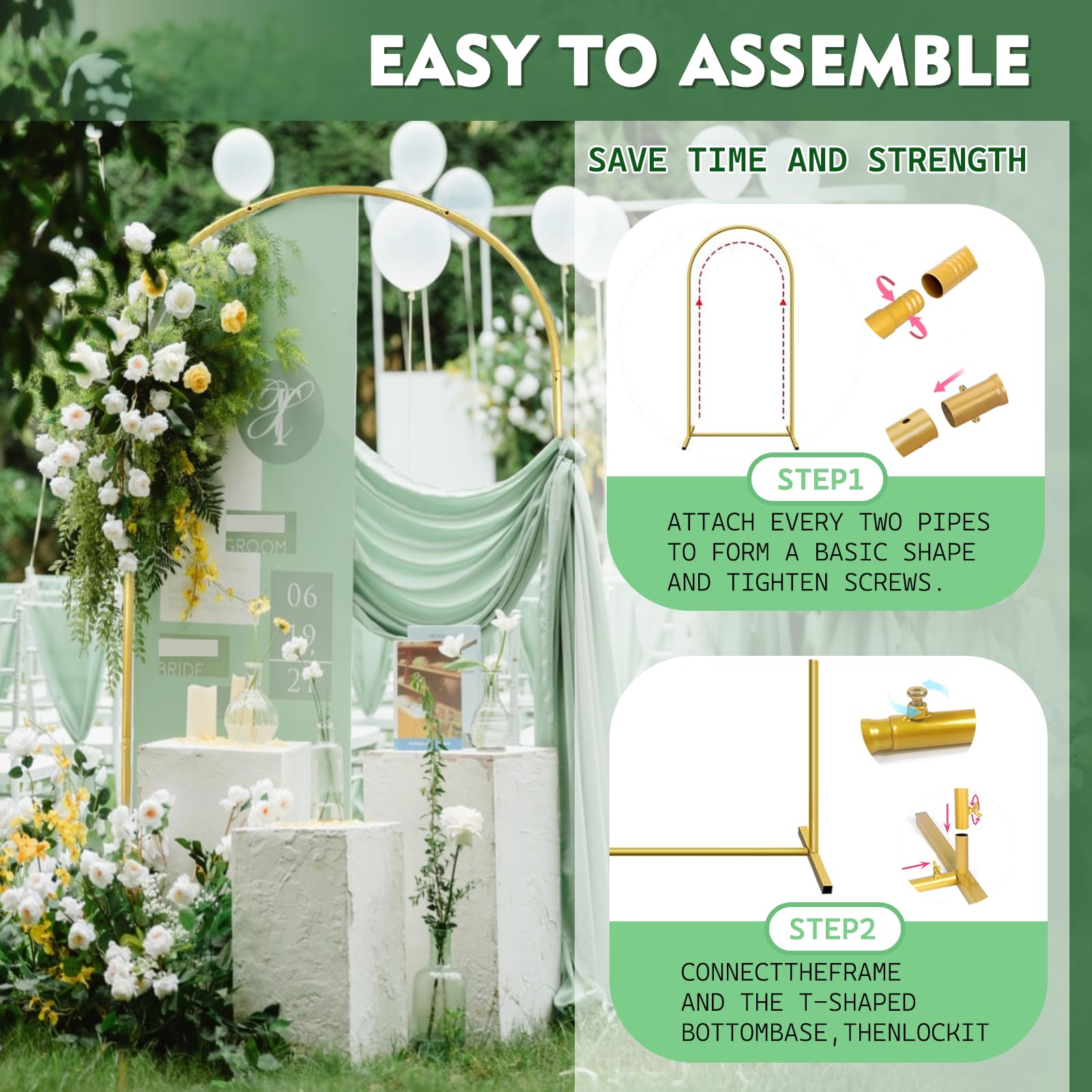 Structure et support de fond en métal doré de 1,8 m de hauteur et 0,8 m de largeur pour mariages, anniversaires, remise de diplômes et fêtes - 2