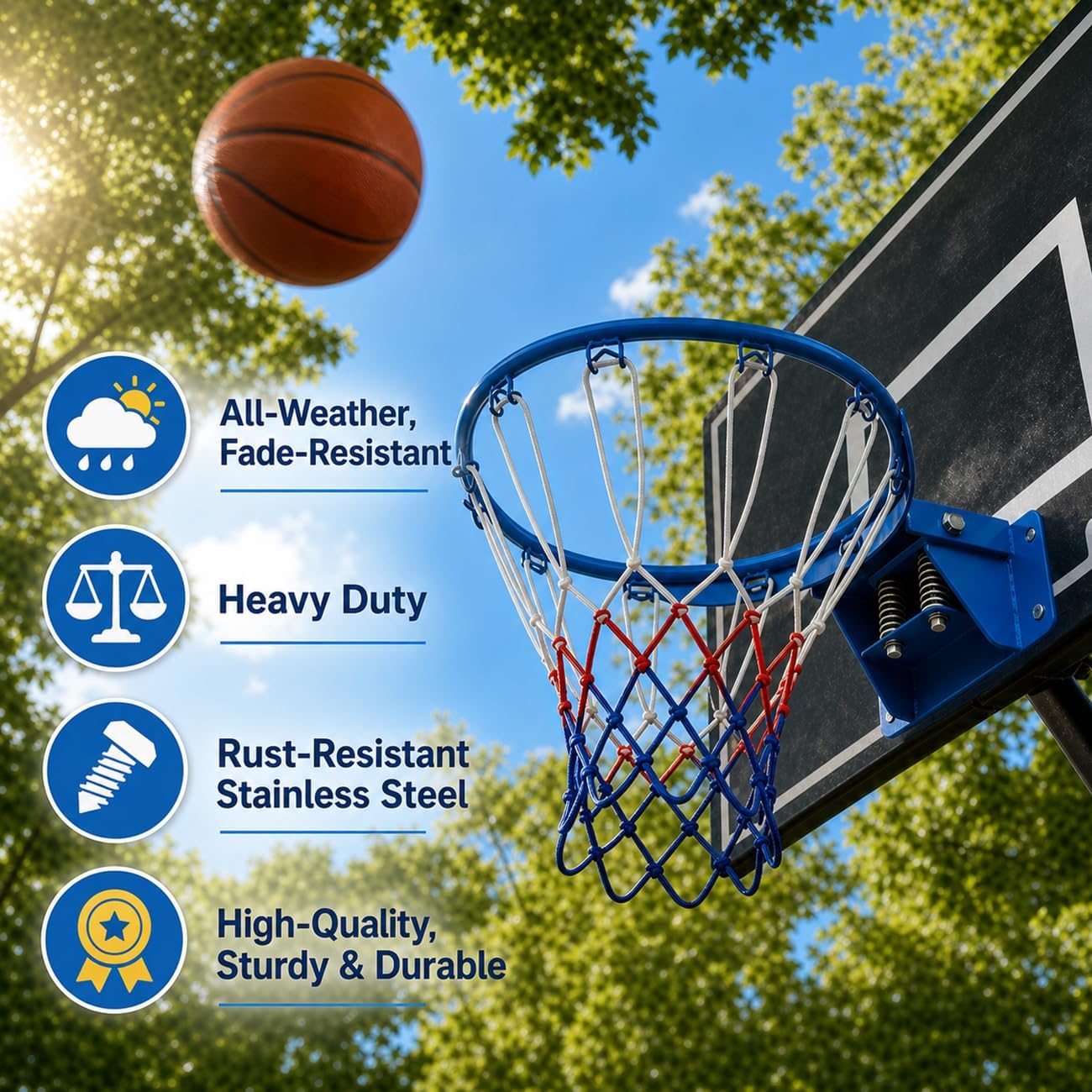 Heavy Duty 18" Solid Steel Basketball Rim Replacement Heavy-Duty Net, Pro-Grade Basketball Hoop Rim, Wall-Mount Double Spring Basketball Hoop Rim & Complete Installation Kit