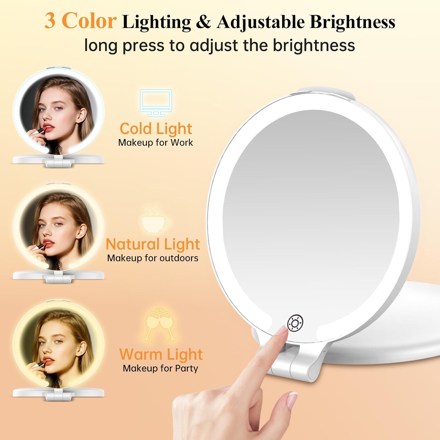 FUNTOUCH Rechargeable Travel Makeup Mirror 30X Magnification, 7" Lighted Portable Vanity Mirror with 3 Colors Lighting & Stepless Dimming, Double Sided LED Mirror, Gift for Women,White