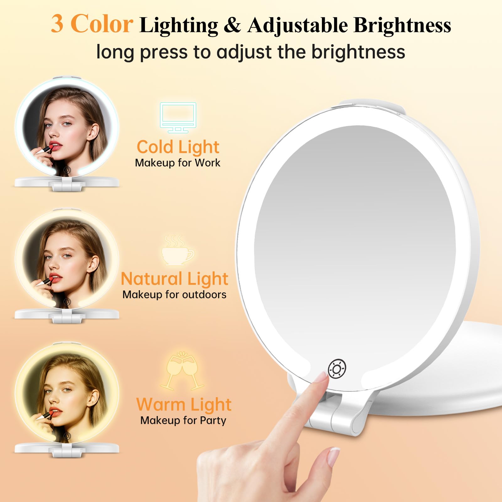 FUNTOUCH Miroir de maquillage de voyage rechargeable grossissant x 30 pour femme, blanc 17,8 cm | Double face/éclairage 3 couleurs/écran tactile à intensité variable/intérieur, extérieur/cadeau pour filles