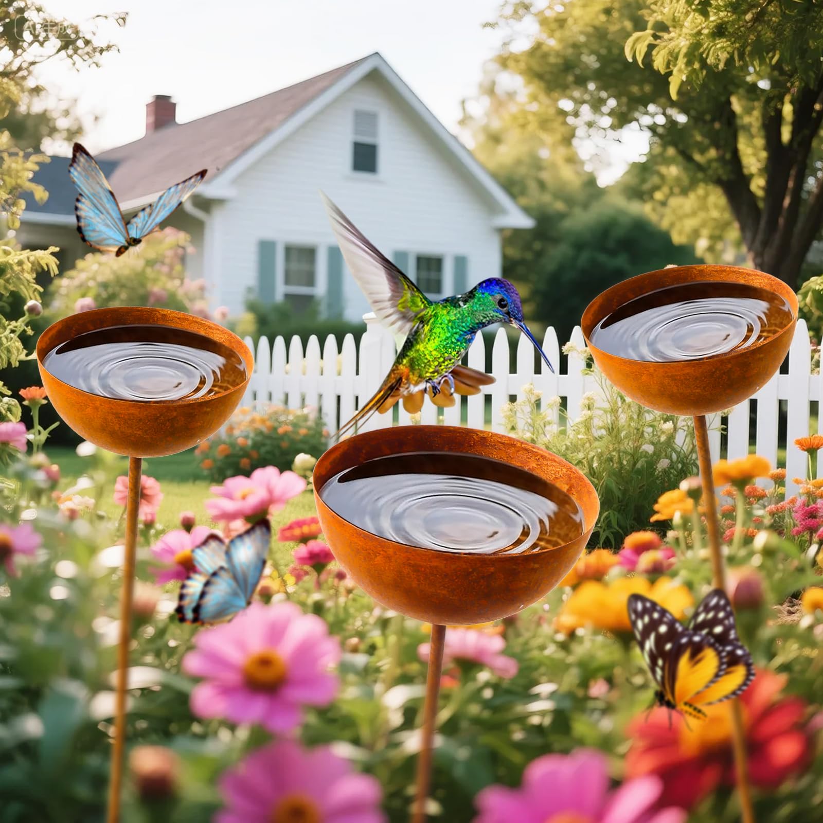 Gartendeko Vintage Gartenstecker Rost Gartendeko für Draußen Vogeltränke Garten Insektentränke Metall Rostiger Beetstecker Topfstecker 3er