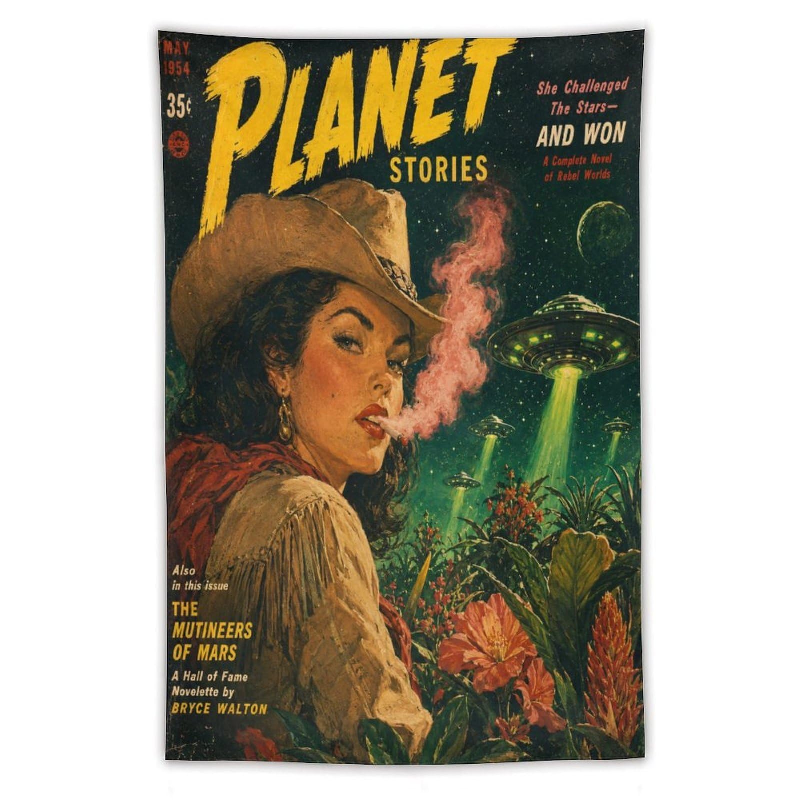 H3B8U2Y5 Cowgirl Planet Stories Wall Tapestry, Vintage Poster, UFO Scene