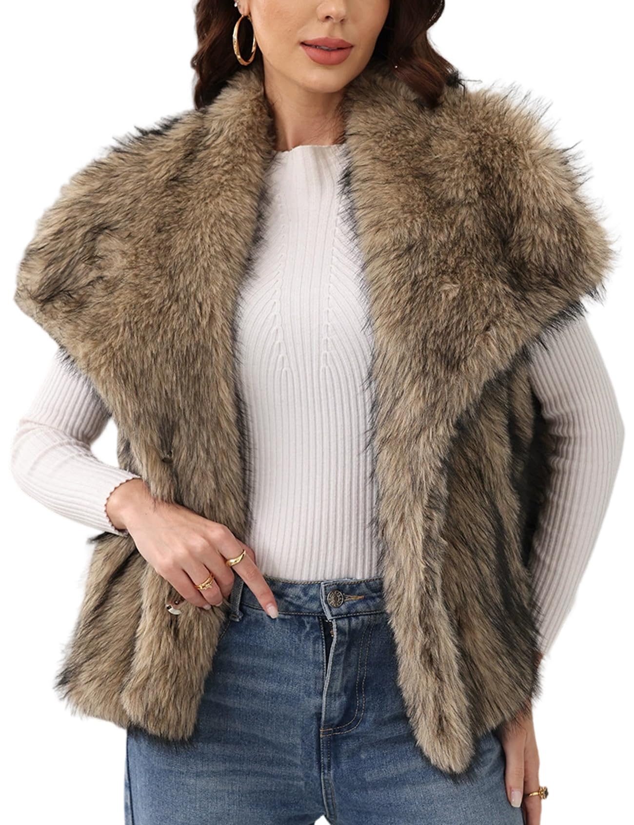 Gihuo Women's Faux Fur Vest Lapel Collar Sleeveless Furry Jacket