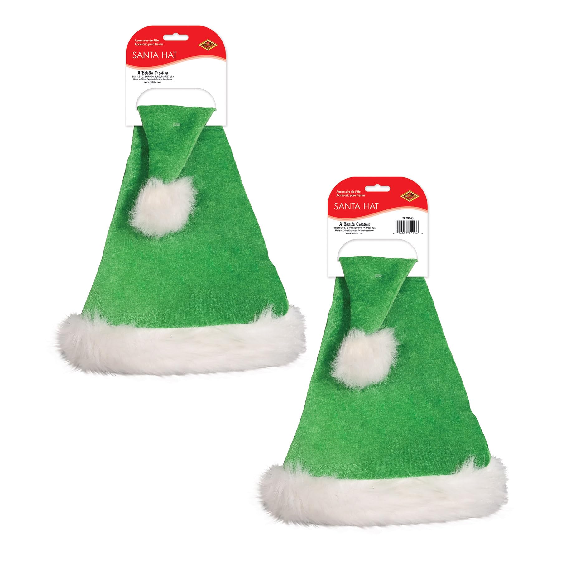 Beistle 2 sombreros de Papá Noel de tela de tamaño adulto para Navidad, suministros y recuerdos de fiesta, uno, verde/blanco