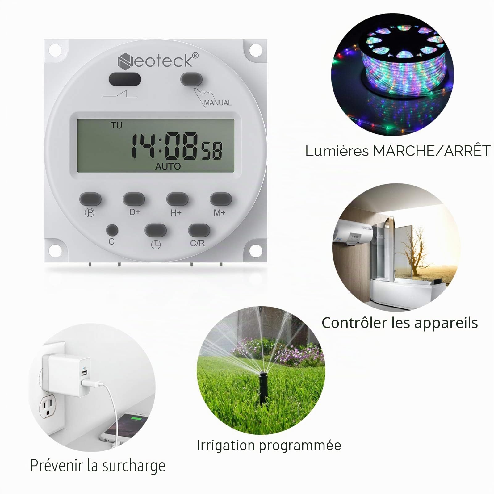 Neoteck 2pcs 12V 16A Prise Programmateur Digital à 16 Programmes Horloge Programmable Minuteur Prise Electrique LCD Affichage Numérique Antivol avec Boîtier Étanche/Ensemble de Borniers de Connexion