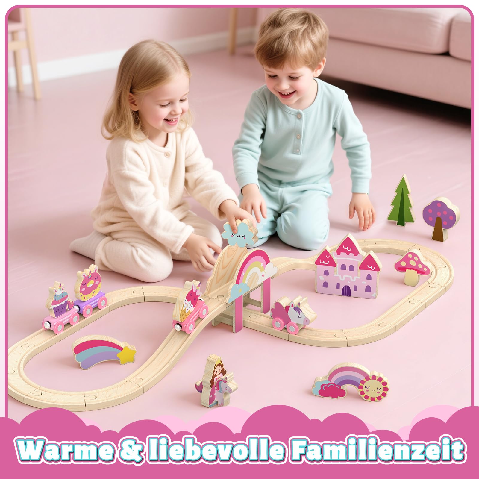 Lehoo Castle Holzeisenbahn für Mädchen, Einhorn Geschenk Mädchen 3 Jahre, Rose Spielzeug ab 3 4 5 Jahre Mädchen, Holzeisenbahn Zubehör