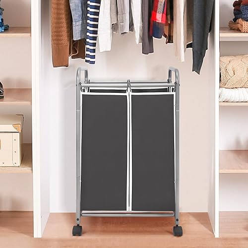 Miniatura 7 de Clasificador de ropa sucia de 2 secciones, 2 bolsas, carrito de lavandería rodante, cesta de lavandería con ruedas resistentes con cerradura y bolsa