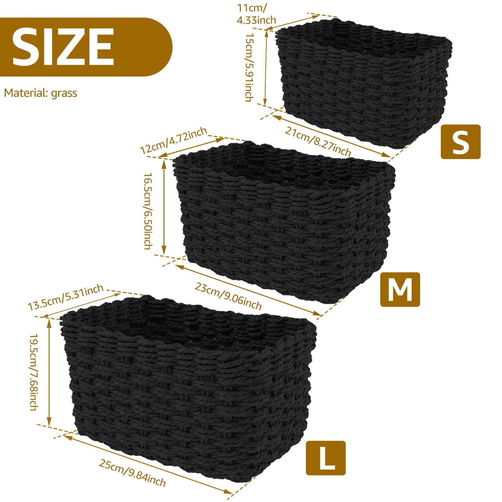 Set of 3 Storage Baskets for Organizing Grass Woven Desktop Basket Decorative Woven Baskets Multifunctional Toy Basket Cosmetics Display Hampers for Nursery Living Room Laundry Room Bedroom(black) - Image 2