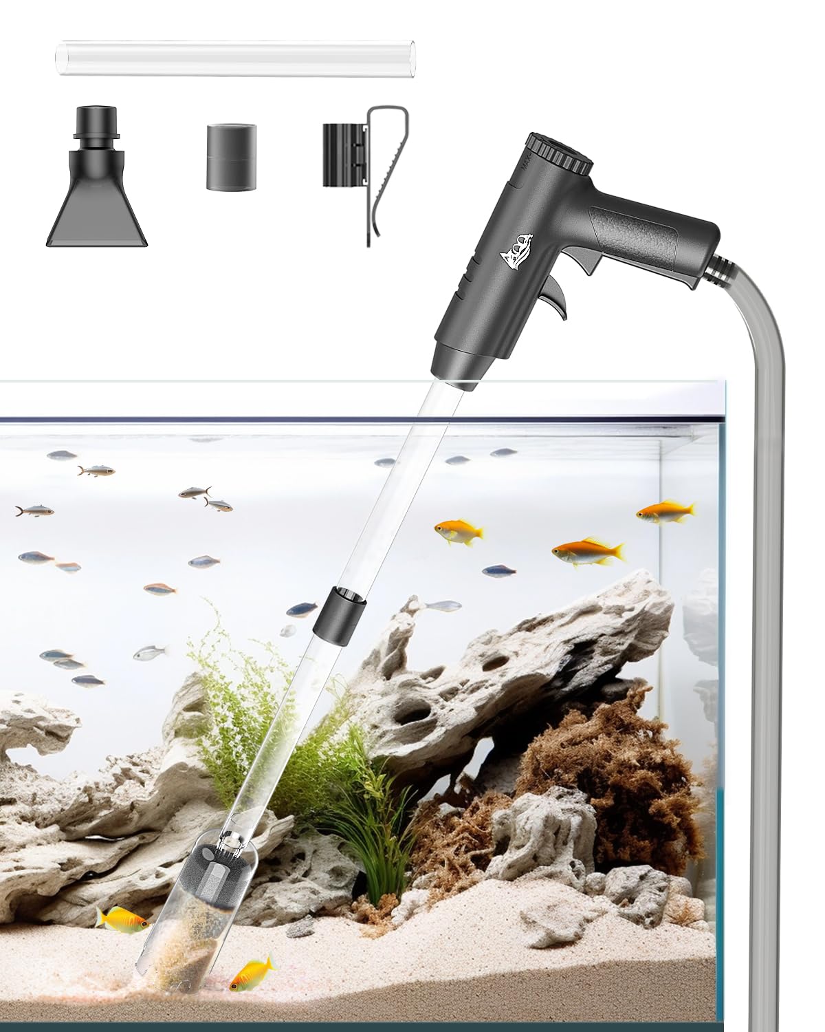 AQQA Nettoyeur de Gravier d'aquarium, 4 en 1, Puissance d'aspiration Manuelle, Outils pour Changer d'eau d'aquarium avec réglage du débit d'eau, Utilisation pour Nettoyer Le Gravier et Le Sable
