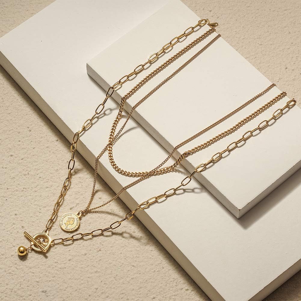 Jinbaoying Gold Coin Necklace for Women Vintage Carved Coin Pendant Necklace 14K Gold Plated Chain Choker Queen Elizabeth Round Pendant Gold Layered Necklace for Women - Image 4