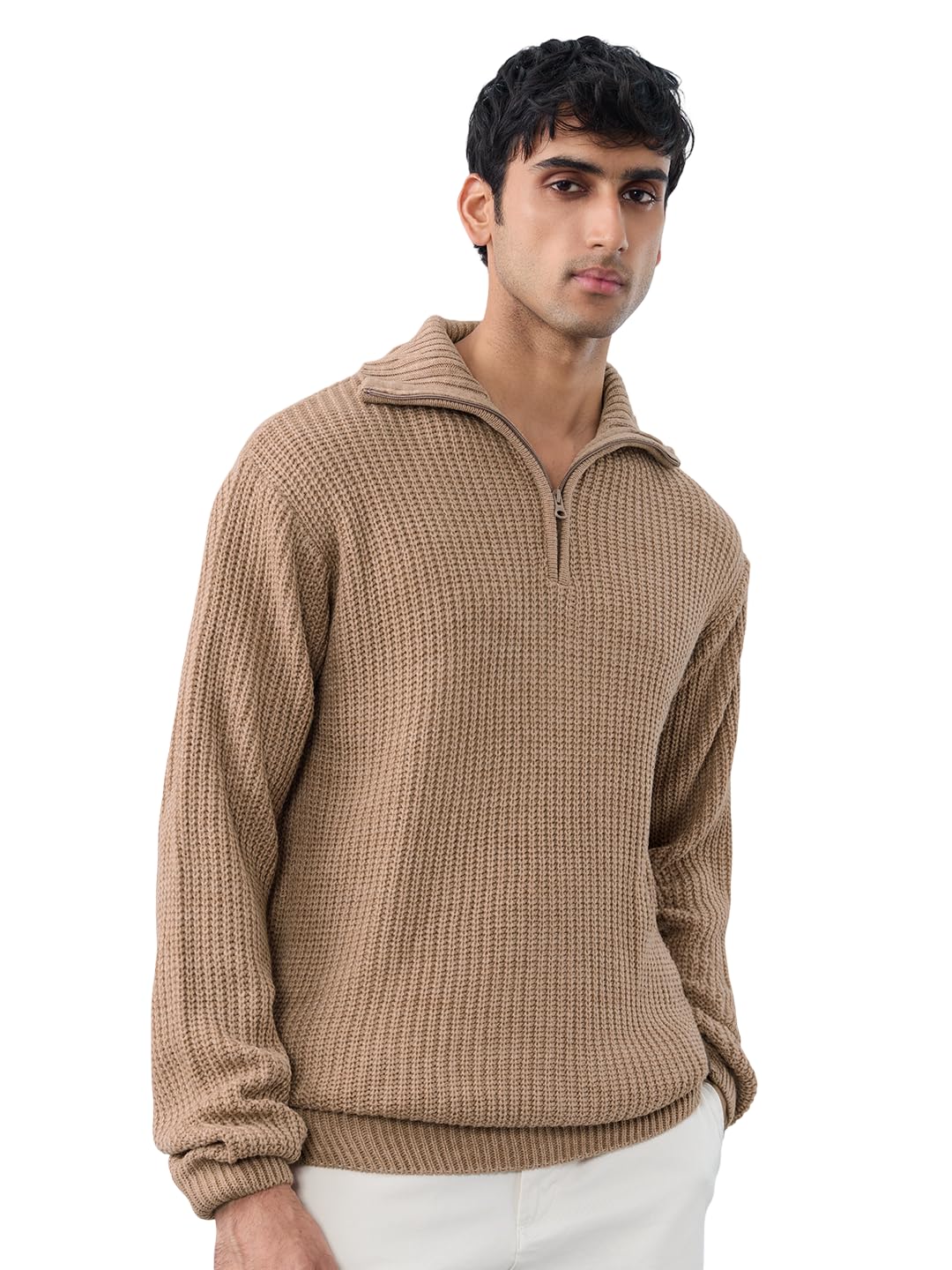 the souled store High-Neck Sweater: Essence Men and Boys Full Sleeves Collared Neck Beige Textured Acrylic Lightweight All-Season Oversized Pullovers-picture-55