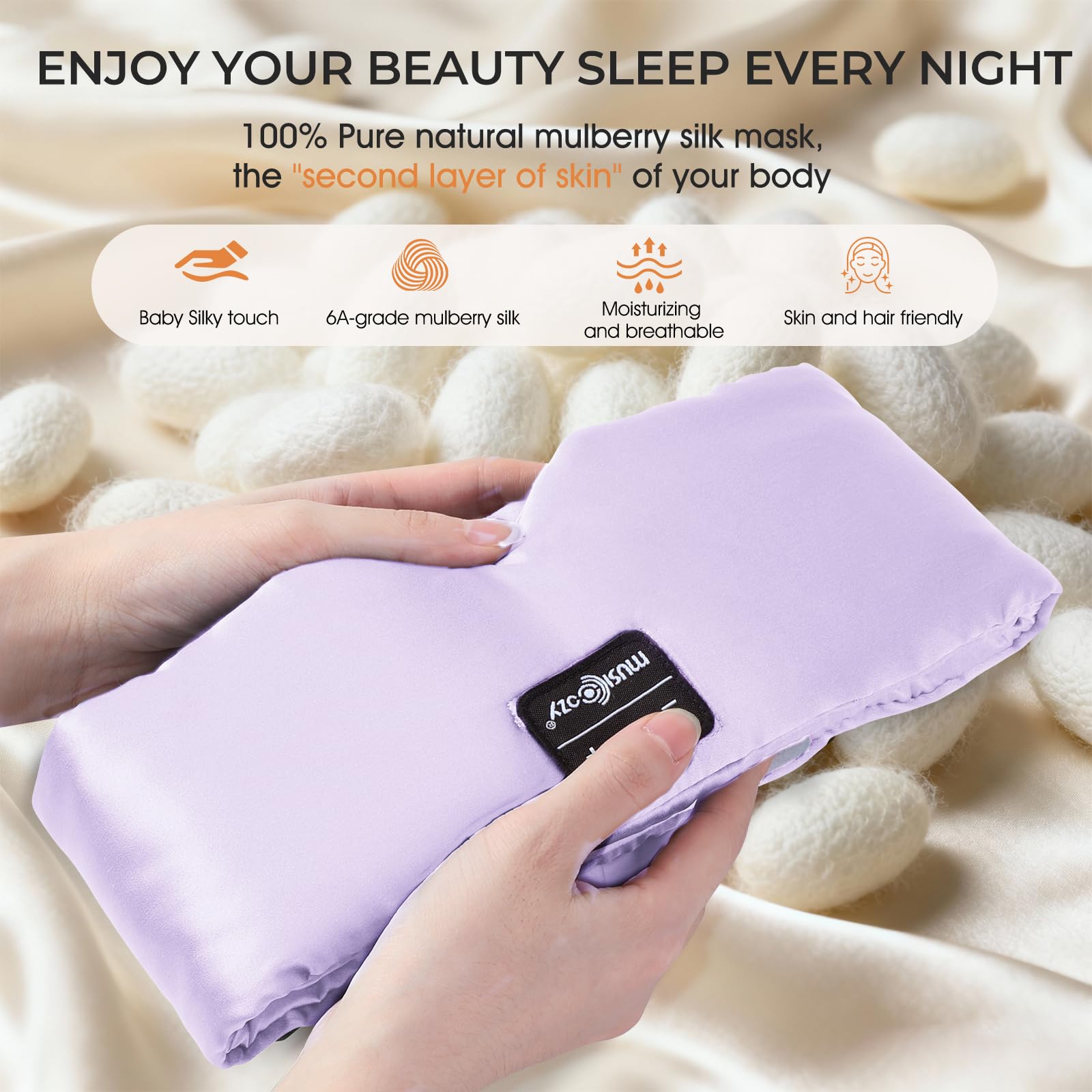 MUSICOZY Máscara de seda para dormir, seda de morera pura, 100 % opaca, máscara de ojos profundos 3D con auriculares, ultra suave y cómoda, transpirable, con tiempo de reproducción de 14 horas y