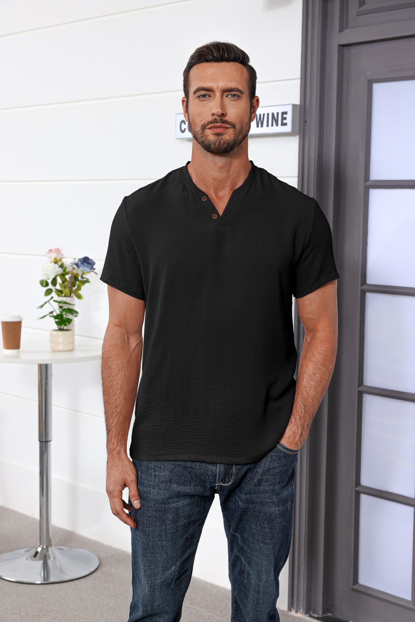 LAOARA Henry Maglietta da uomo estiva, a maniche corte, con bottoni, per vacanze, casual, leggera