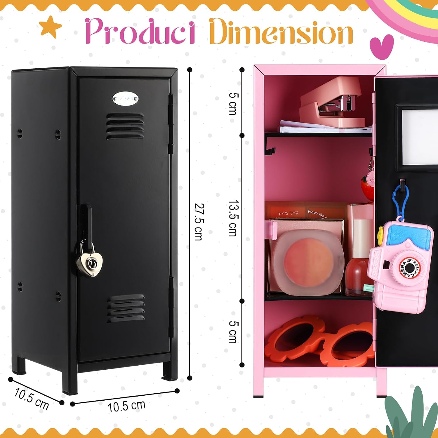 Vercraft 2 Pcs Mini Metal Locker Storage with Lock and 2 Keys 10.8 Inch Small Money Security and Cash Safe Box for Jewelry Back to School Home Office Desktop Container(Pink,Black)