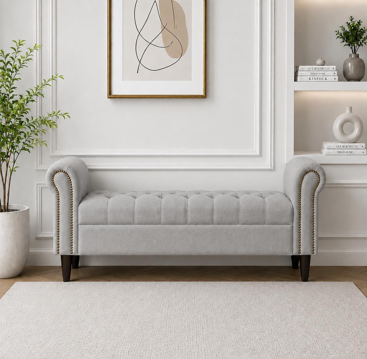Teak Wood Upholstered Storage Bench with Armrest Bench Ottoman Pouffe Puffy Settee 2 Seater Sofa Footstool for Livingroom Bedroom Office Hotel (Grey)-image-23