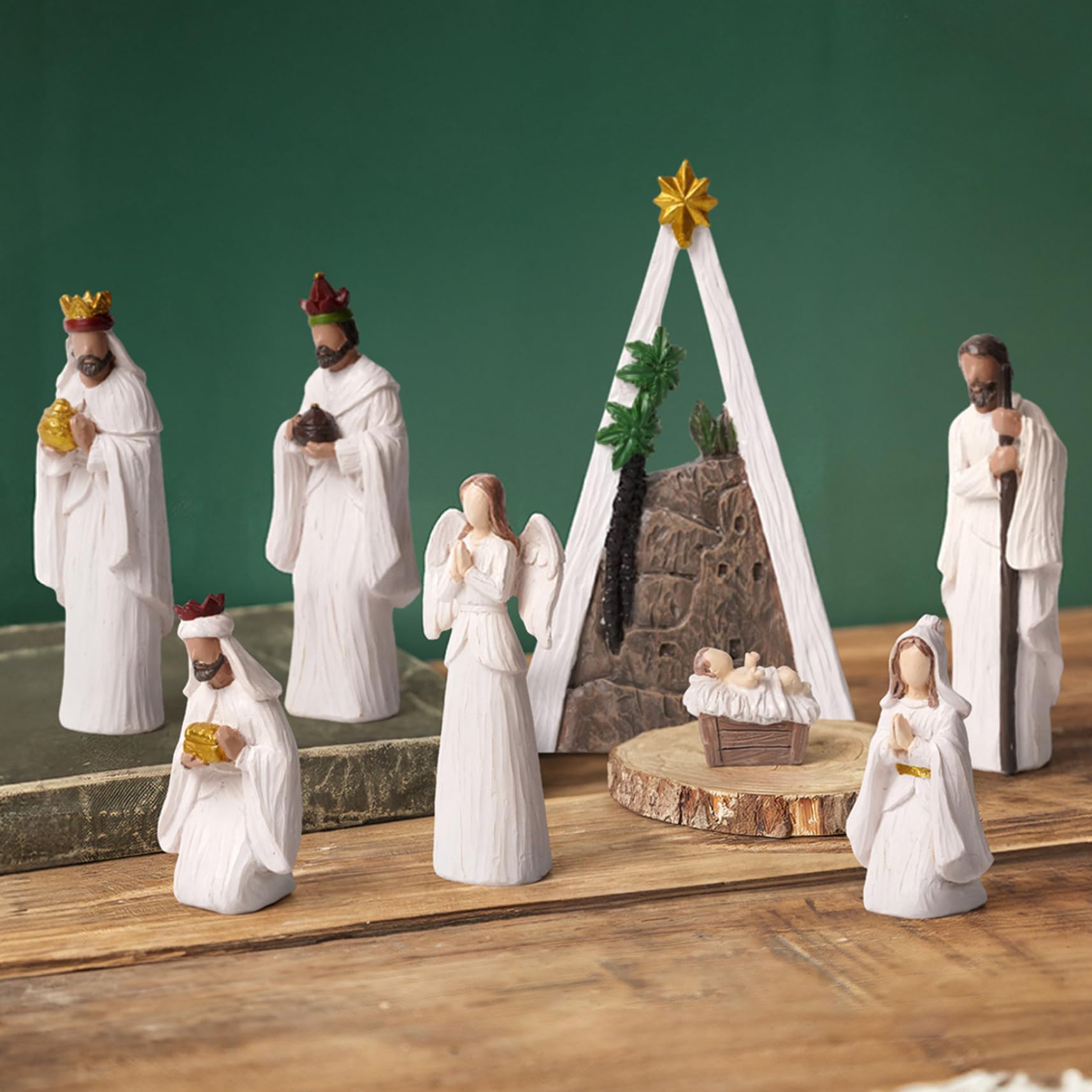 Ensemble de crèche de Noël (8 pièces) Moderne en résine Blanche avec Figurines scène la Nativité, Ornements Table Religieux, Objets Collection Noël pour décorations Vacances