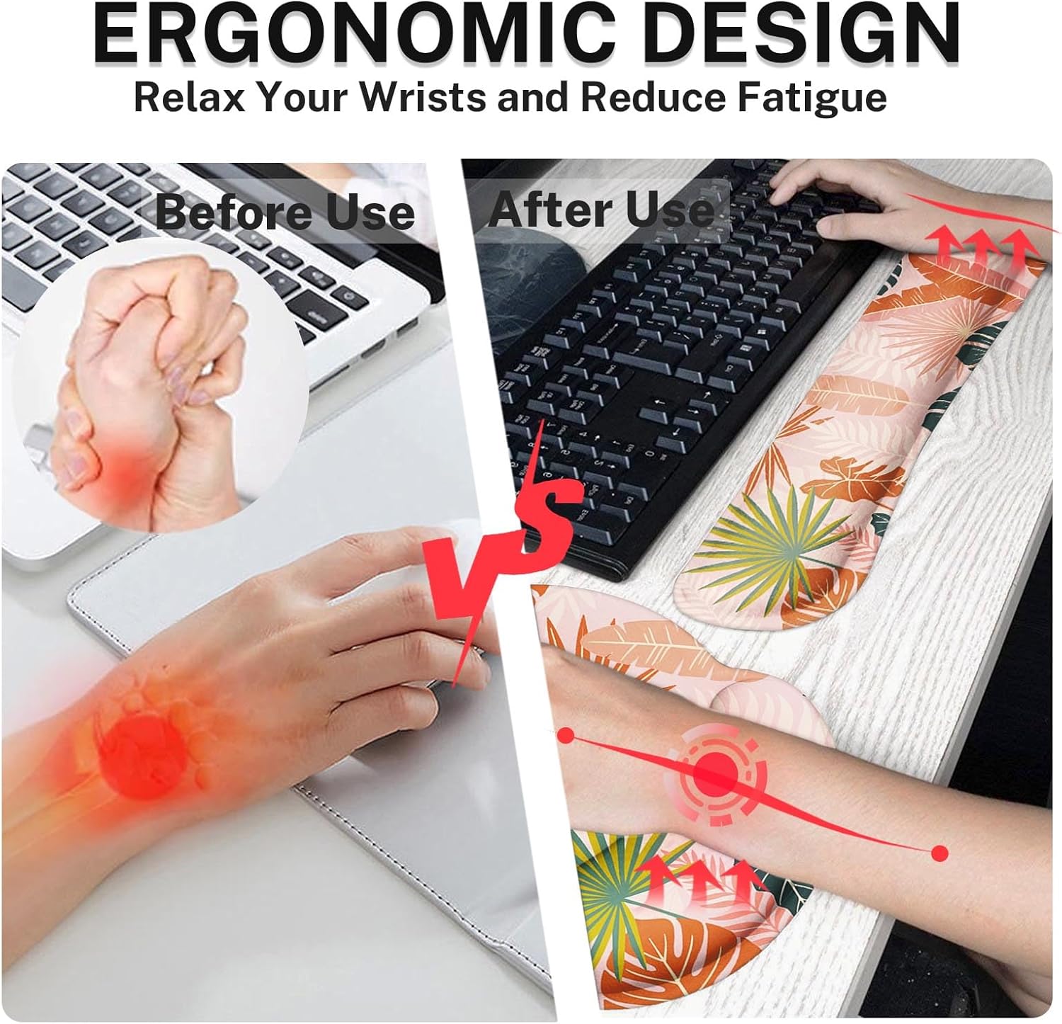 Britimes Bohemian Palm Leaf Keyboard Mouse Pad Set 4in1 Large Mousepad+Keyboard Wrist Rest+Mouse Wrist Rest+Coaster Set with Ergonomic Design for Home Office Computer 35.4x15.7 inches