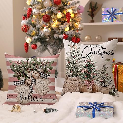 Miniatura 3 de DFXSZ Juego de 4 fundas de almohada de Navidad de 18 x 18 pulgadas, guantes de árbol de Navidad decorativos de invierno con diseño de rayas rosas y