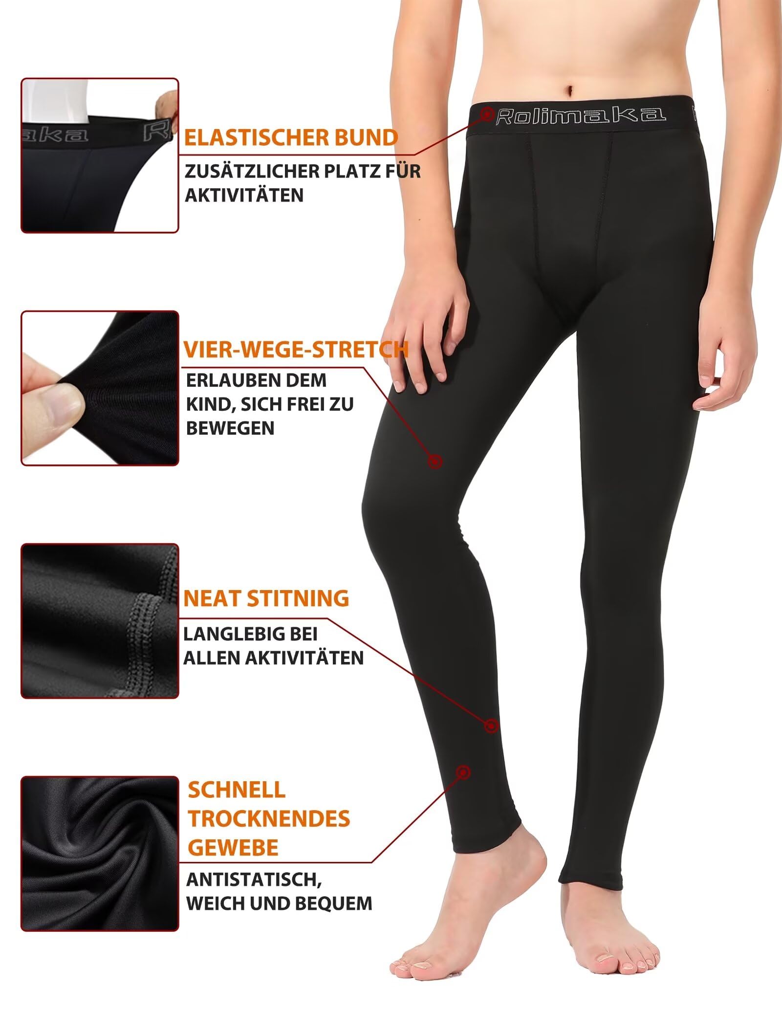 Rolimaka Sous-vêtements fonctionnels à manches longues pour enfants - Survêtement de football - Respirant - Sous-vêtements de ski - Ensemble chaud pour l'entraînement, le ski, le cyclisme