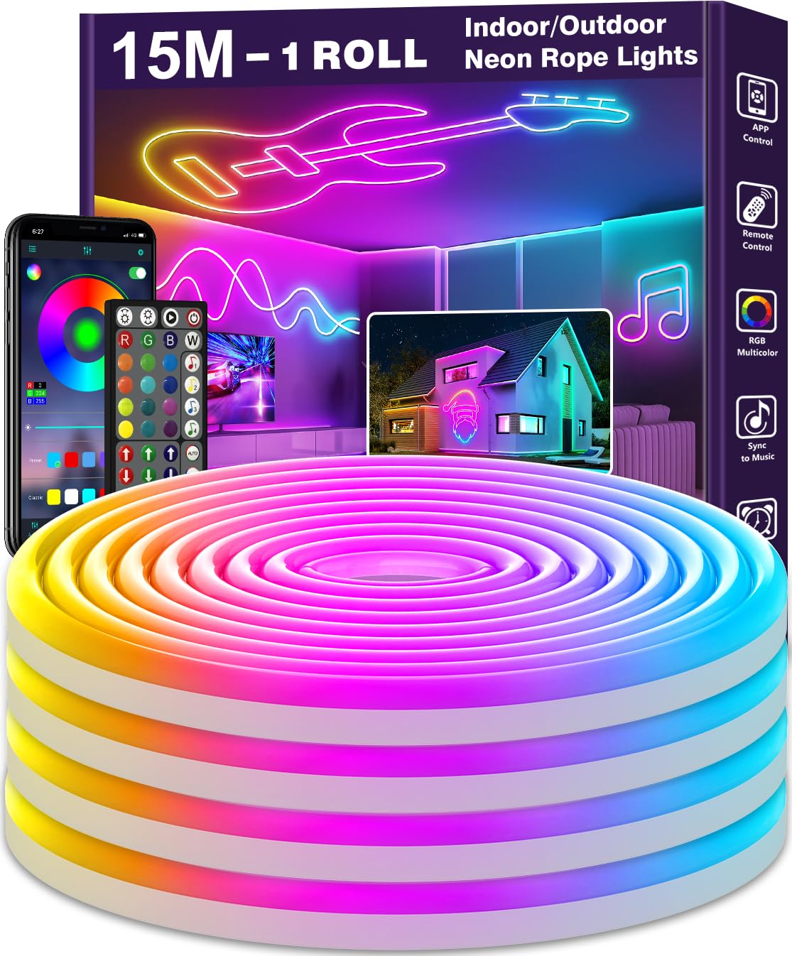 15m LED Neon Seillichter, Steuerung mit App/Fernbedienung, Flexibles LED Seillicht, Mehrere Modi, IP65 Outdoor RGB Neonlichter Wasserdicht