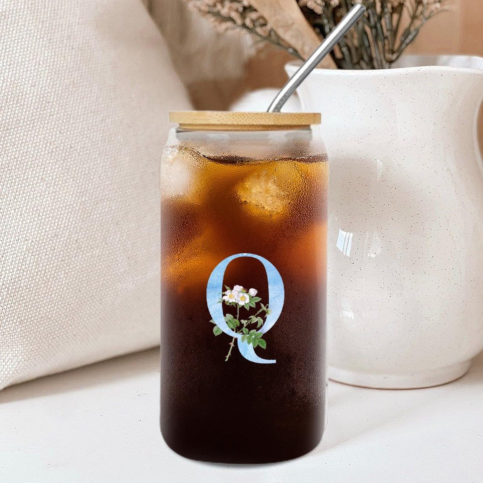 Yelolyio Glass Cups with Lids and Straws Monogram Letter Q Glass Cup Watercolor Blue Letter Lily Flower Cute Glass Cups Name Initial Cups Great for for Juice Coffee Soda Drinks 16 OZ