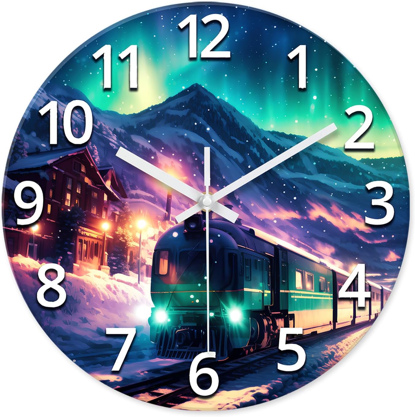 XNM Snow Mountain Large Wall Clocks Battery Operated 16 Inch Teal Glass Clocks for Living Room Decor Aurora Silent Wall Clock Train 16 Inch Teal 9