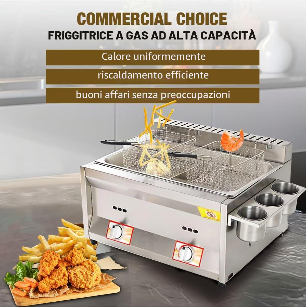 Friggitrice a gas GPL da banco commerciale, 2 x 10 l, doppia vasca, in acciaio inox, con cestello e coperchio, per patatine fritte, per uso domestico, cucina e ristorante