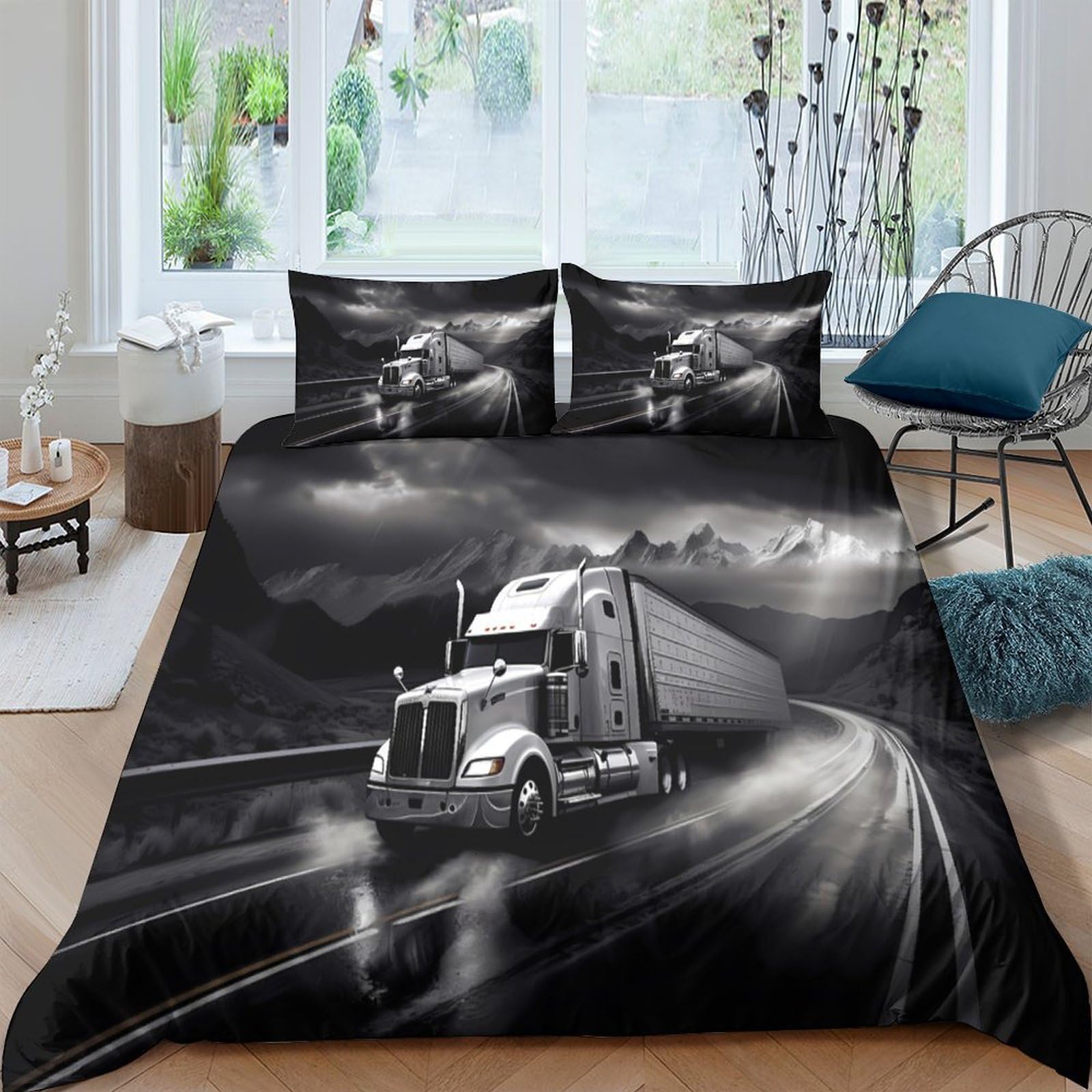 Ctjqhvkz Style-3 3D Printed Night Highway Truck Fitted Sheet Microfiber Black White Bed Cover For Bedroom Guest Room Home Decor Single（135X200cm）