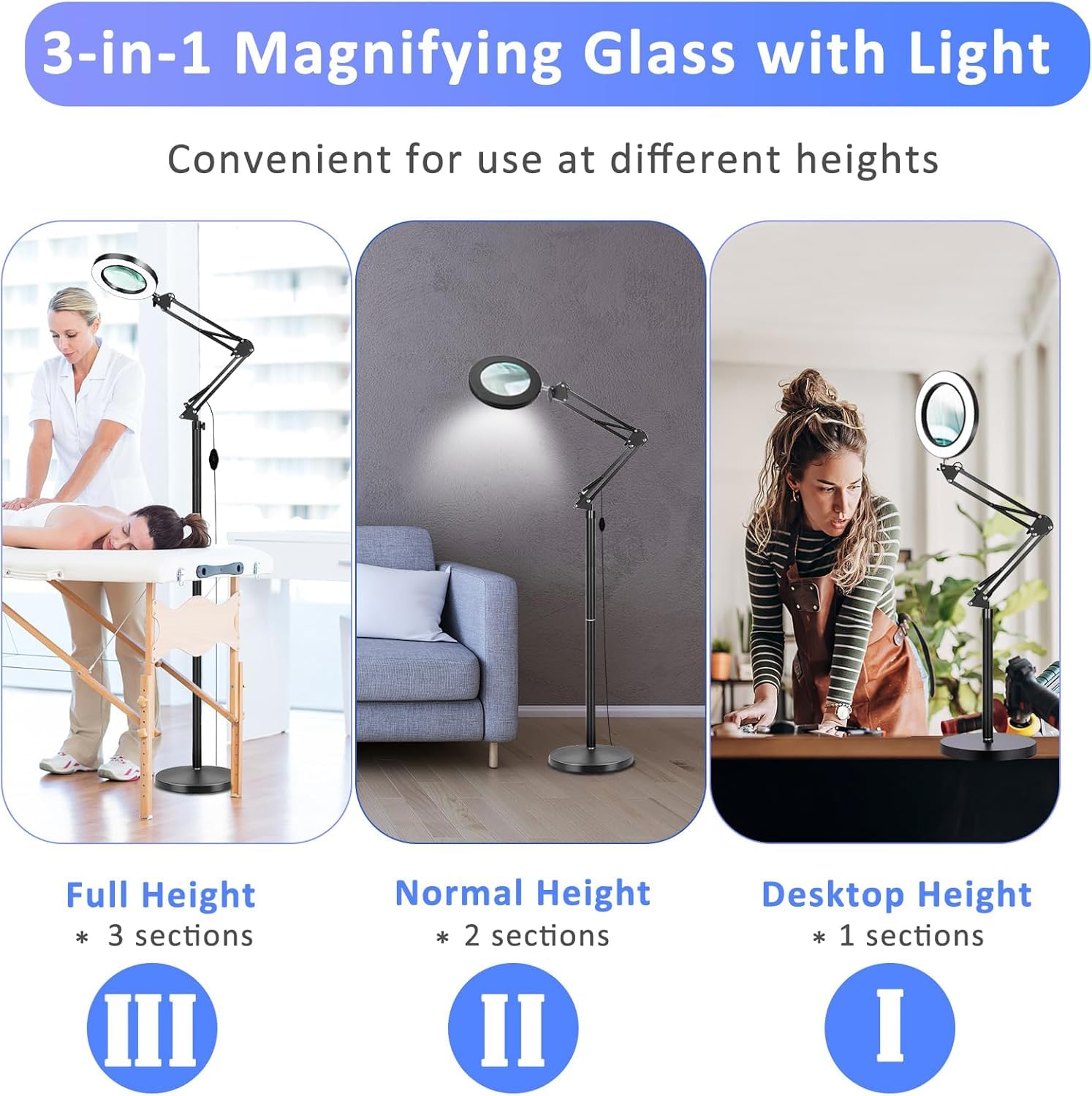 Lente d'ingrandimento da pavimento grande 10X con luce e supporto, 3 in 1 regolabile in altezza con lente d'ingrandimento illuminata, lampada da terra a 72 LED, 5 colori, dimmerabile