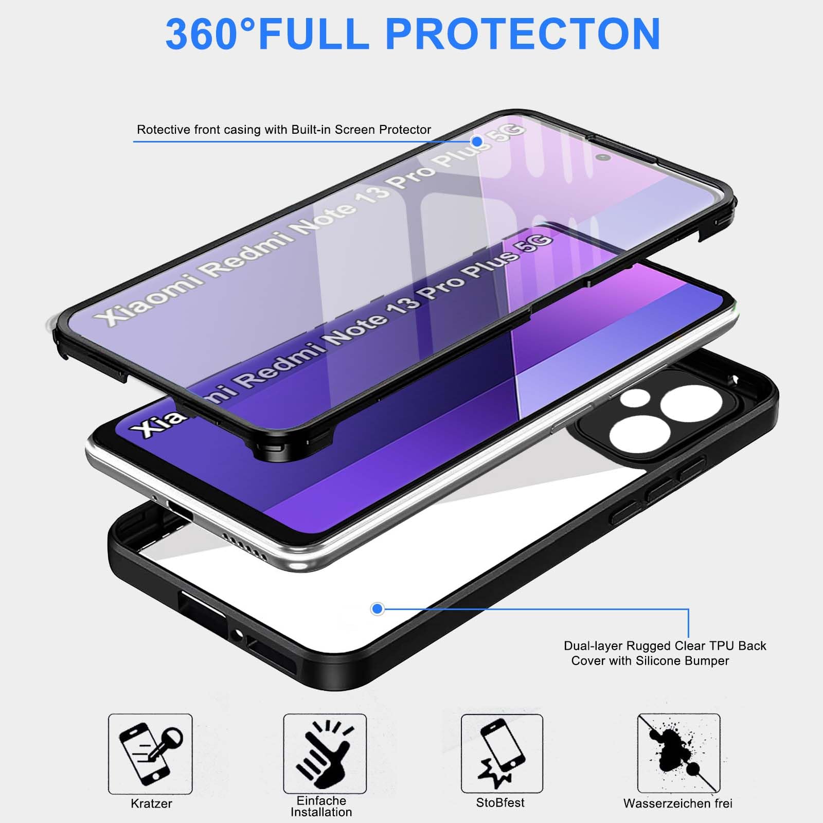 COMAKU Cover Armor per Xiaomi Redmi Note 13 Pro Plus 5G (Pro+), Custodia TPU +PC Antiurto con Anello Supporto [con 2 Pezzi Vetro Temperato Pellicola Schermo ] - Nero