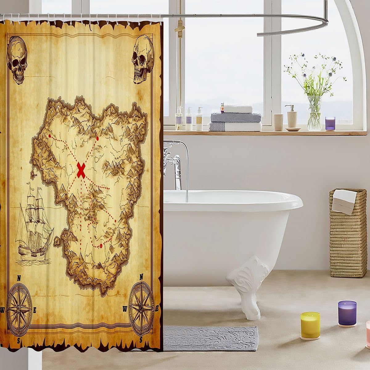 Feelyou Nautical Island Map Shower Curtain Kids Vintage Old Map Pirate Ship Bath Curtain Ocean Ancient Pirate Skull for Stalls Bathtubs Cloth Fabric Bathroom Decor 72" Wx84 L