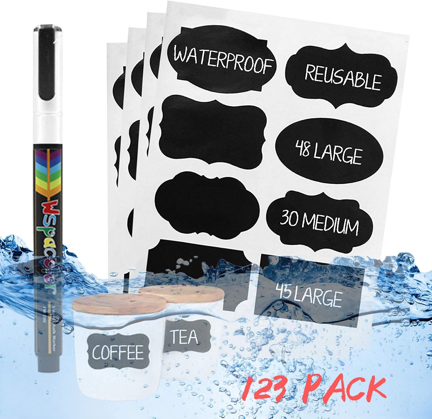 123 PCS Chalkboard Labels , Waterproof Mason Jar Labels, Free Erasable Chalk Marker, Best Chalkboard Label Stickers for Mason Jars Glass Bottles, Premium Reusable Chalkboard Stickers（48 Large+30 Medium+30 Small+1 Chalk Marker）
