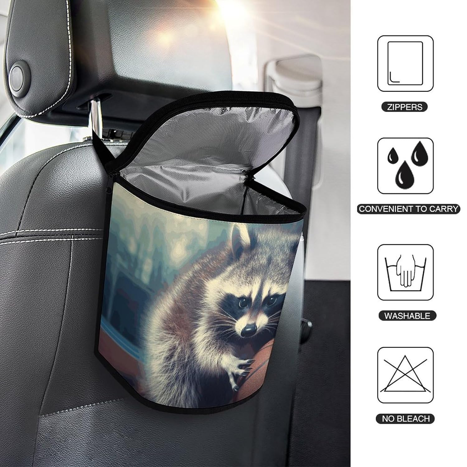 Hanging Car Trash Bag Funny Raccoon Basketball Printed Car Garbage Storage Bag Leakproof Car Trash Can Portable Garbage Storage Bags