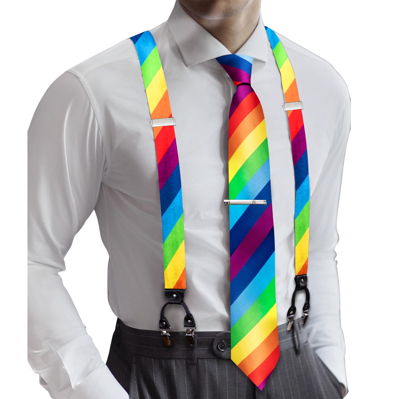 Barry.Wang Men Suspender Tie Sets Elastic Heavy 6 Clips Hanky Cufflink 5PCS | Classic Suspender Set for Man Necktie Y Type Adjustable Heavy Duty 6 Clips Braces Pocket Square Cufflinks Party