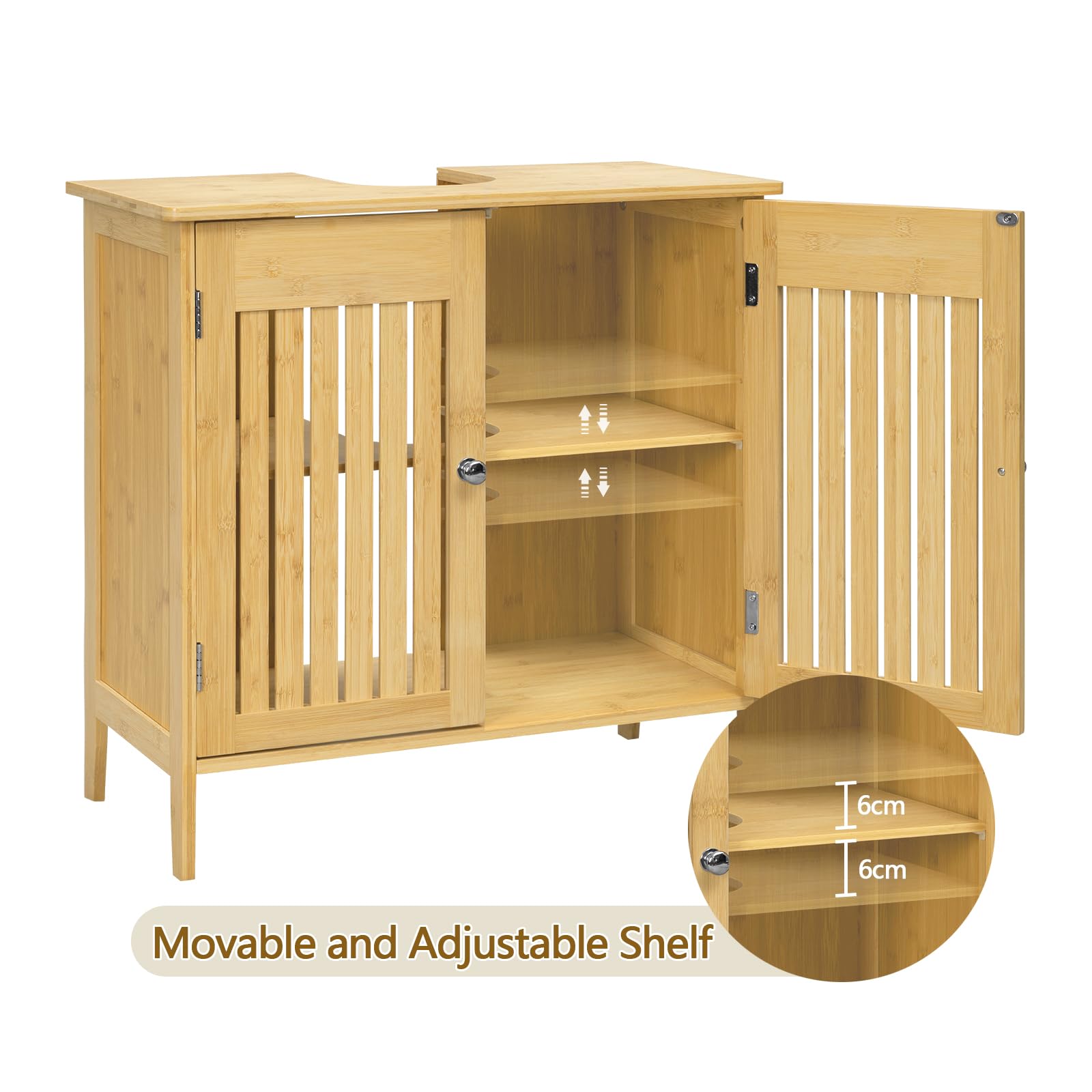 EUGAD Waschbeckenunterschrank aus Bambus, Badezimmerschrank mit 2 Türen, Badezimmer Unterschrank Waschbecken, Waschtischunterschrank, Verstellbarer Einlegeboden, viel Stauraum, 60x60x30 cm