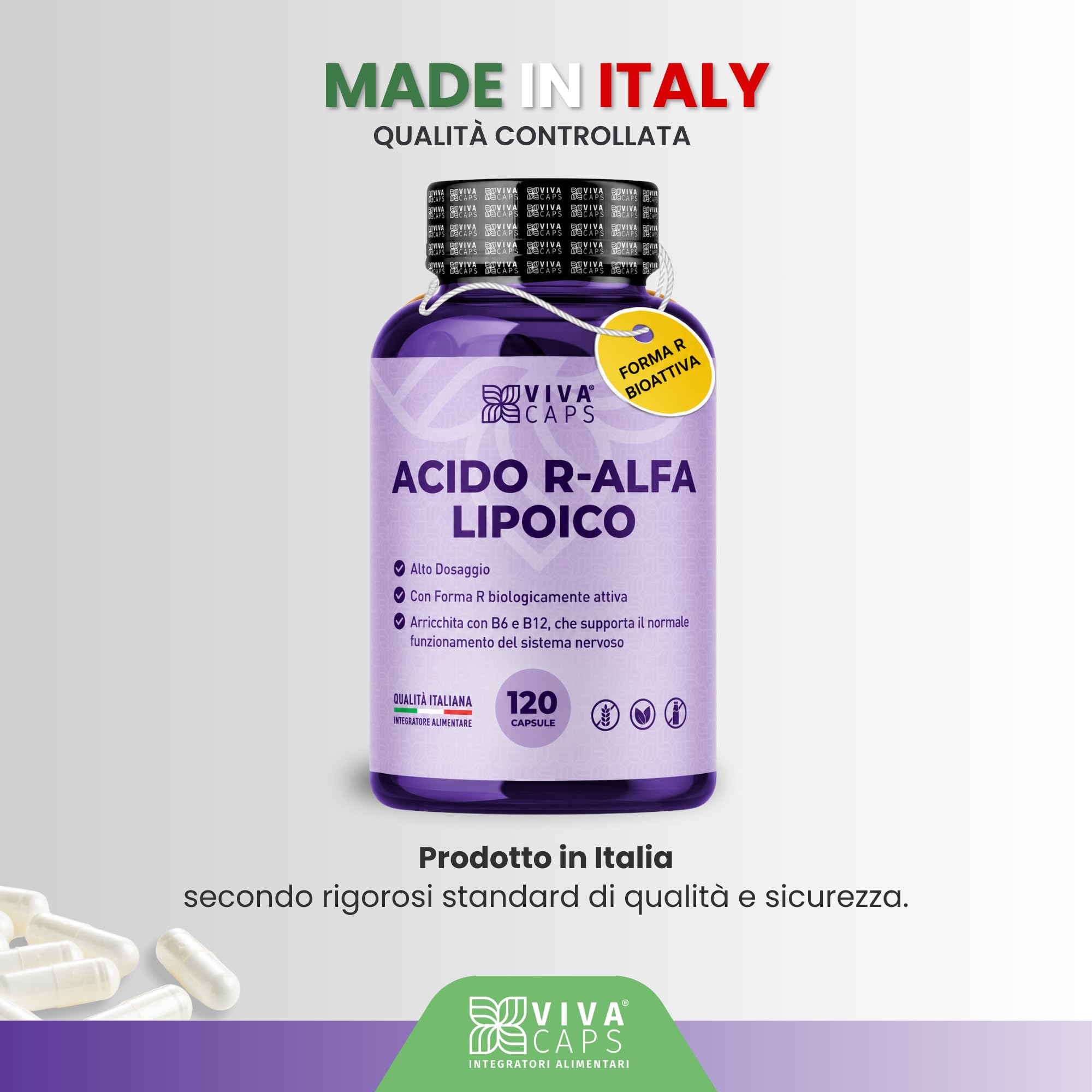 Acido r alfa lipoico alto dosaggio 650mg 120 cps 1 al giorno per 4 mesi, acido alfa lipoico con vitamina b6 e vitamina b12 - Made in Italy