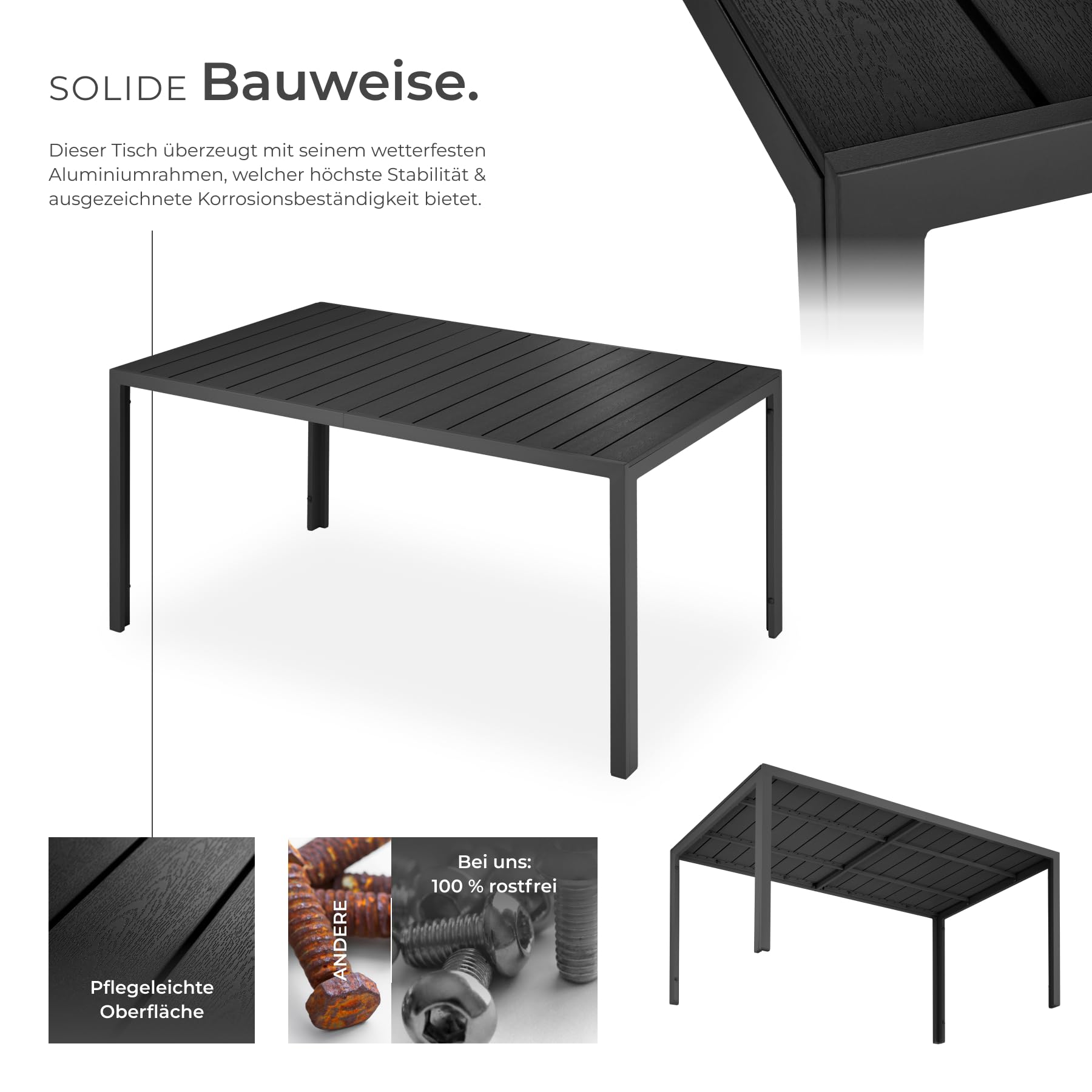 tectake® Gartentisch, outdoor Esstisch, Balkontisch in Holz Optik, Terrassentisch mit Aluminiumrahmen, Gartenmöbel wetterfest, 150 x 90 x 74,5cm, Tisch für Garten, Lounge, Sitzgruppe - schwarz/schwarz