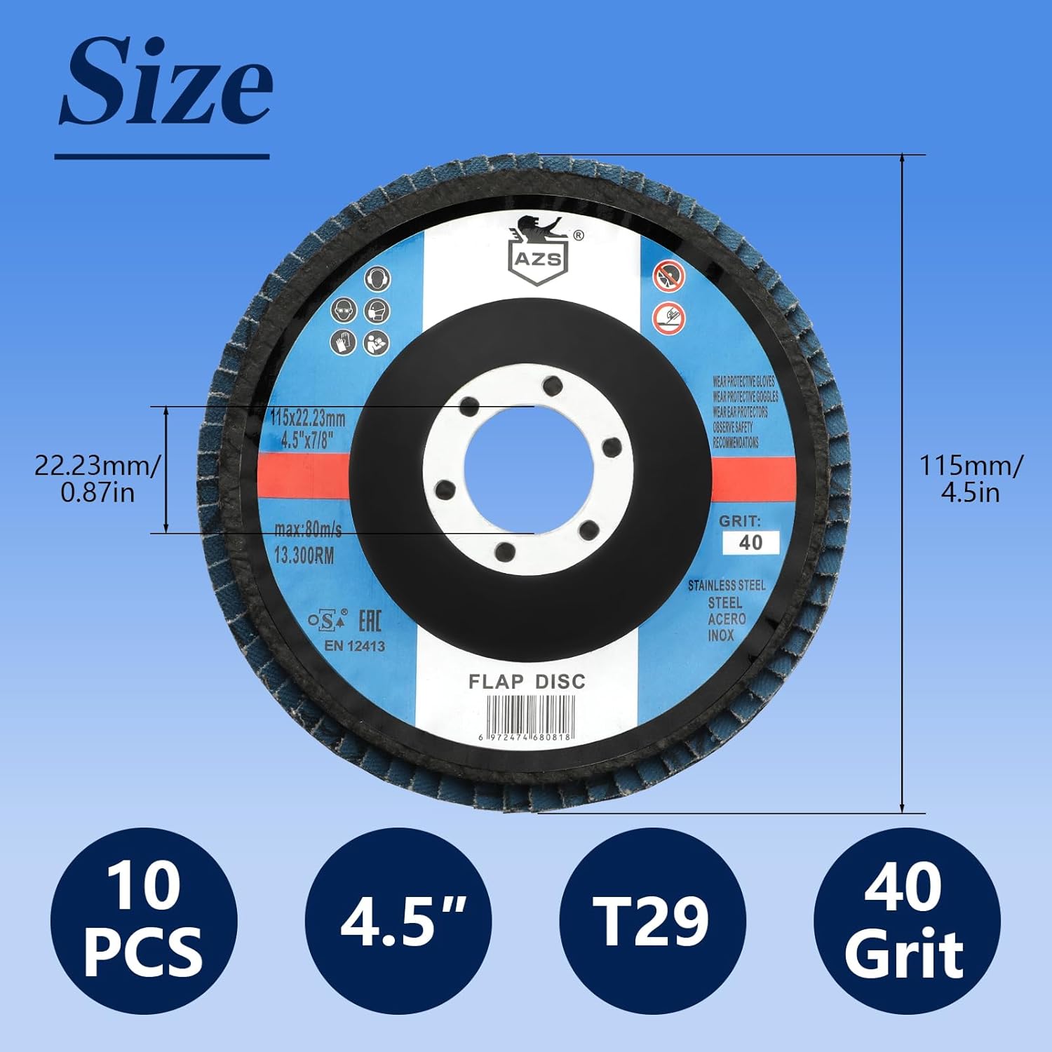 10 Pack Flap Discs 4 1/2 for Angle Grinder, 7/8" Grinding Wheel 40 Grit, Type 29 Zirconia Grinding Disc for Wood Metal Sanding