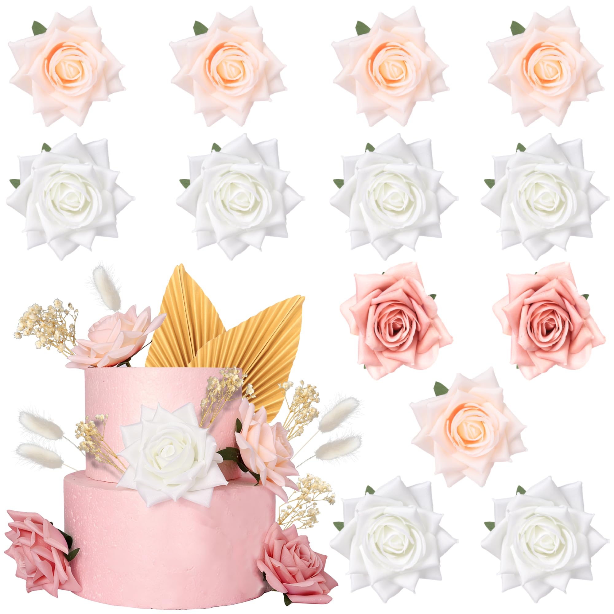 Xsstarmi Artificial Flower Cake Topper Decorations with Rabbit Tail Grass Gypsophila Rose Cake Pick Decorations for Wedding Anniversary Birthday Valentine's Day Party DIY Cake Decorations Supplies